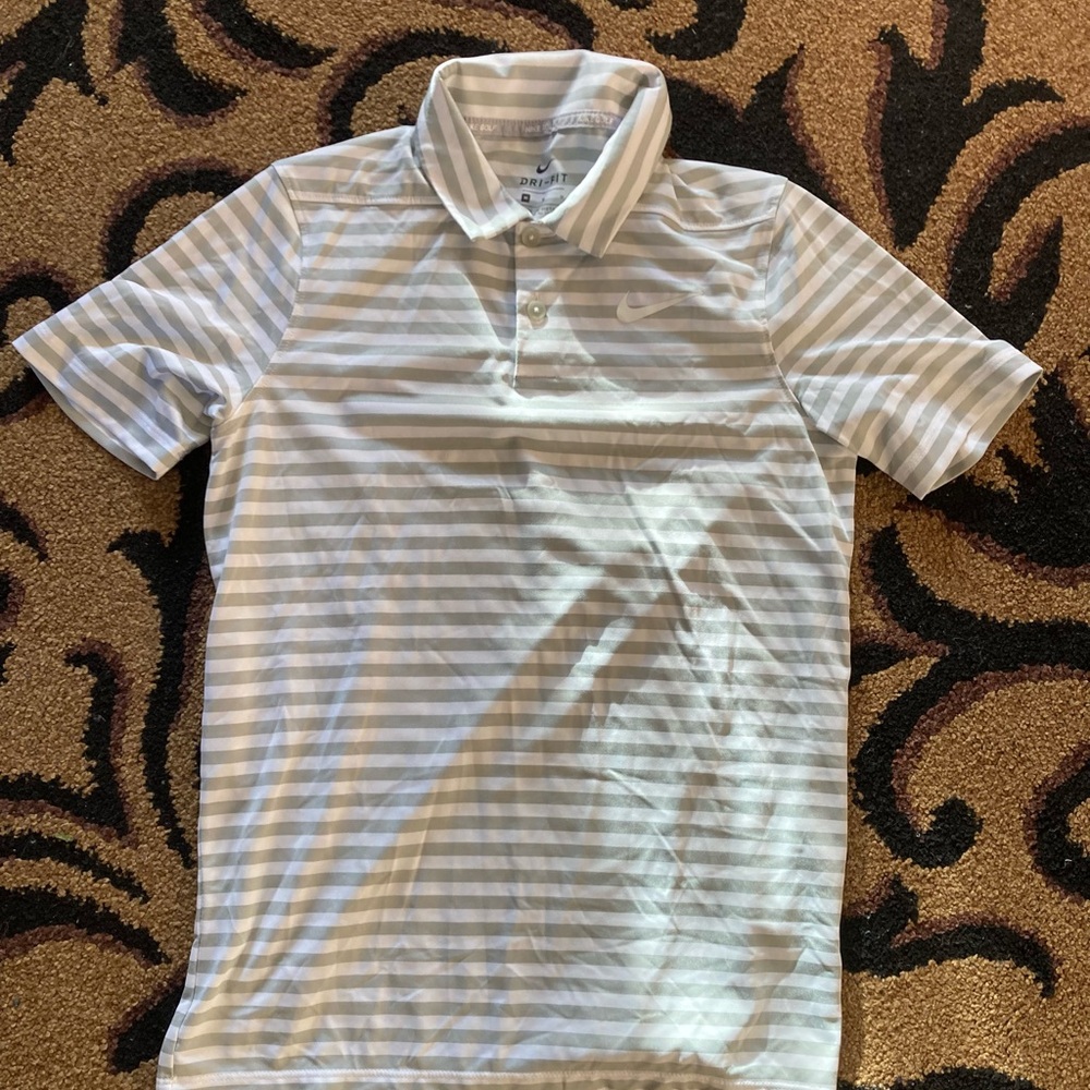 Nike Light Gray and White Striped Polo Shirt